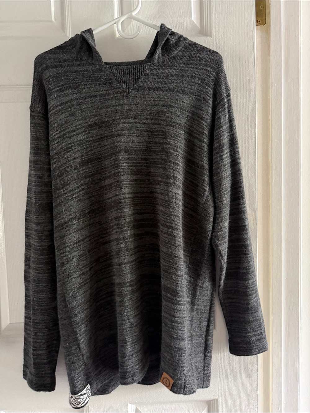 Men's Gray Knit Sweater with Leather Logo Patch